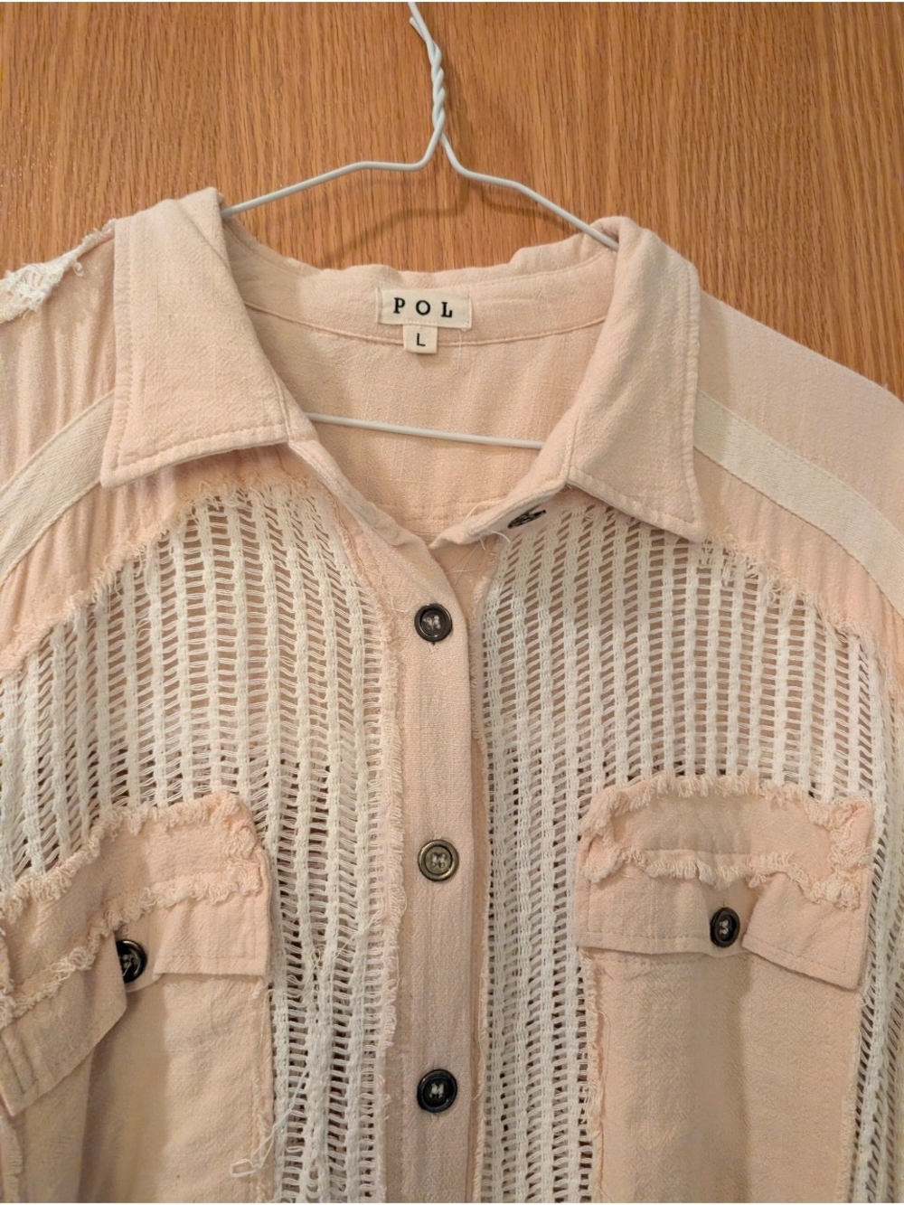 POL Pale Blush Open-Knit Button Down Shirt